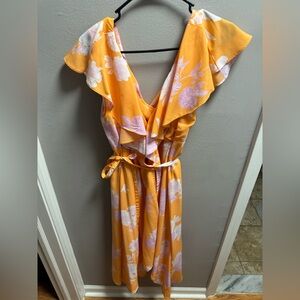 Lulu's Vibrant Orange and Pink Floral wrap Maxi Dress